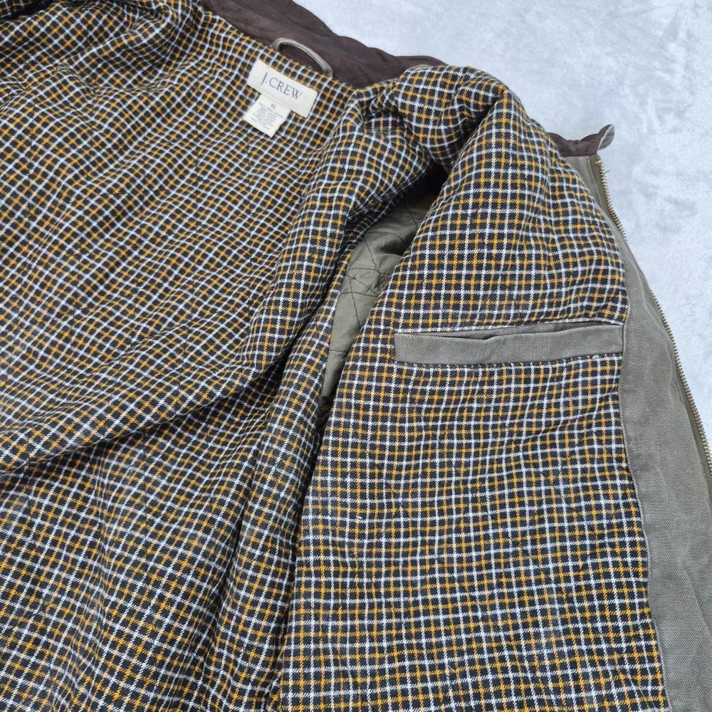 J Crew Mens Barn Jacket XL Olive Drab Canvas Leather Collar Plaid Field Coat